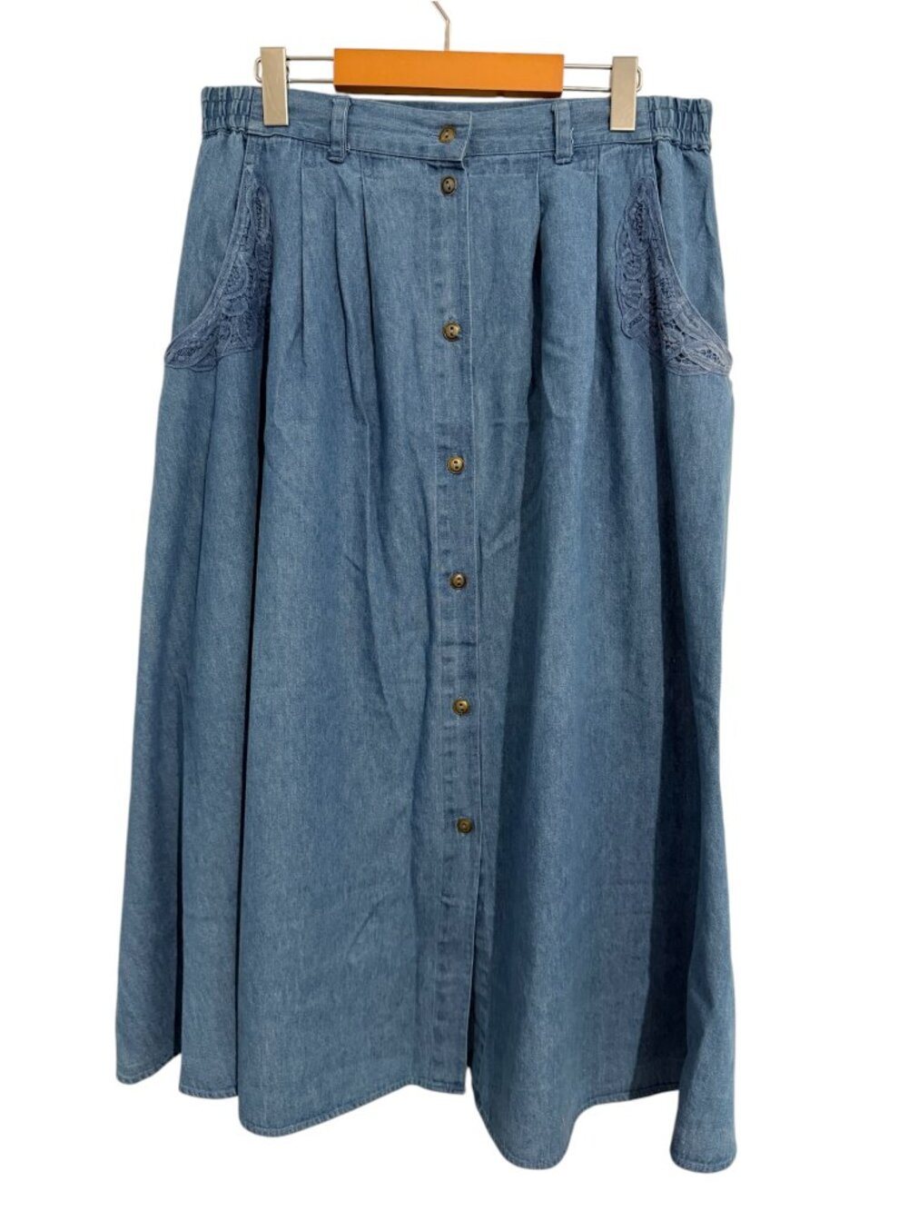 Jessie Jeanswear Blue Button Front Cotton Skirt Lace Trim Pockets Size 16